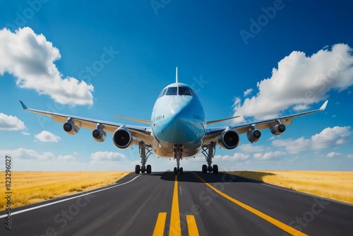 Flying Bus: Commercial Aircraft Soaring in Bright Blue Sky with Runway in Sight