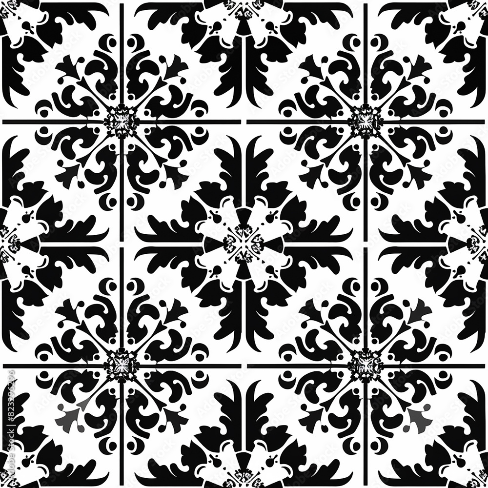 Elegant black and white pattern with intricate ornamental designs, creating a classic and sophisticated seamless tile design, perfect for decorative purposes Elegant black and white pattern with intricate ornamental designs, creating a classic and sophisticated seamless tile design, perfect for decorative purposes
