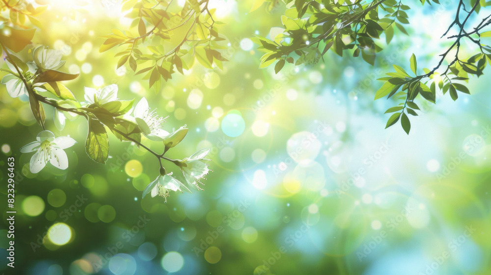 Blooming tree branch on green blurred nature spring or summer background Blooming tree branch on green blurred nature spring or summer background