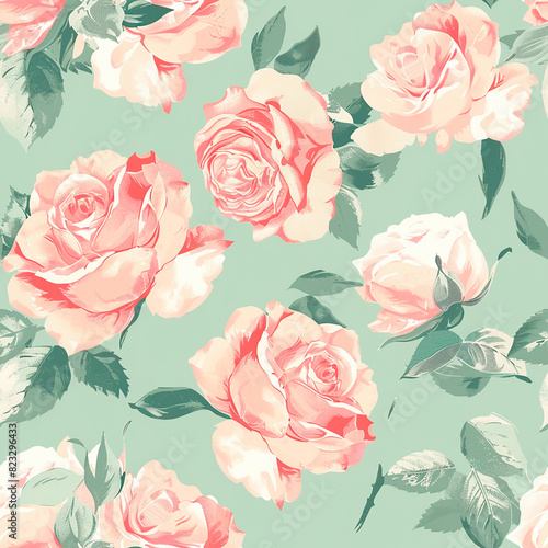 Romantic floral pattern with pink roses on a mint green background, creating an elegant and timeless seamless design, perfect for sophisticated decorative purposes