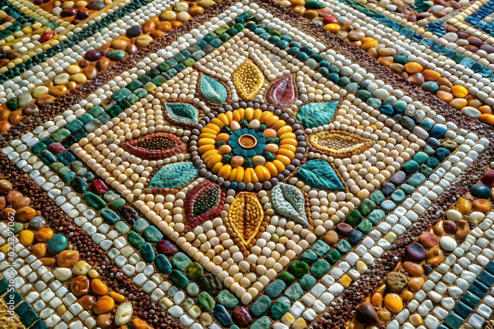 Create a stunning mosaic masterpiece with square shaped pebbles and glass pieces, using a mix of vibrant and muted colors for a unique and eye-catching effect