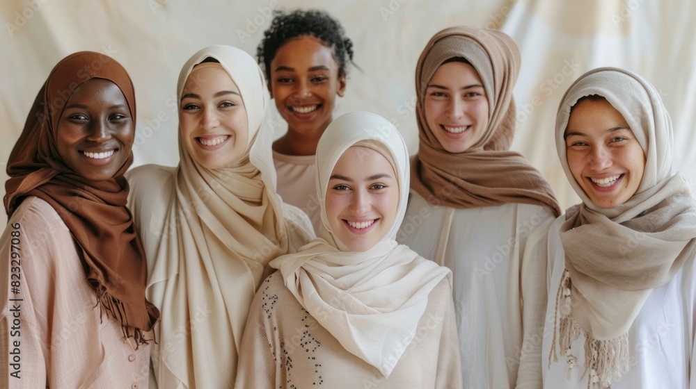 A group of women wearing veils and smiling for a photo A group of women wearing veils and smiling for a photo