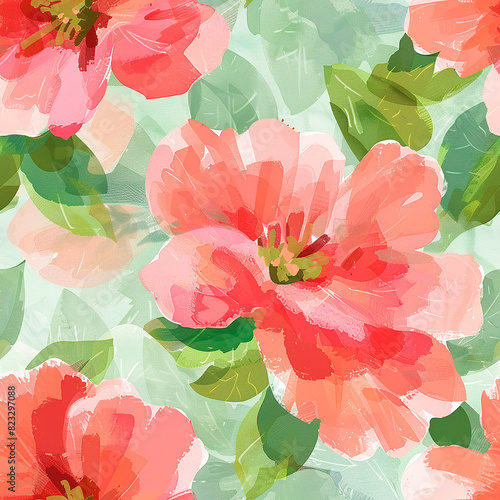 Vibrant floral pattern with large pink flowers and green leaves on a light background, creating a fresh and lively seamless design, perfect for cheerful and decorative purposes