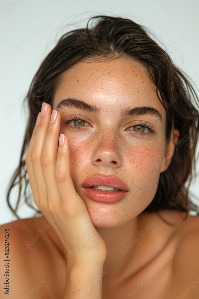 A beautiful woman with natural make up touching her face A beautiful woman with natural make up touching her face