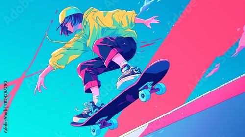 Epic moment skate board frestyle. Amazing anime illustration suitable for desktop wallpaper. 