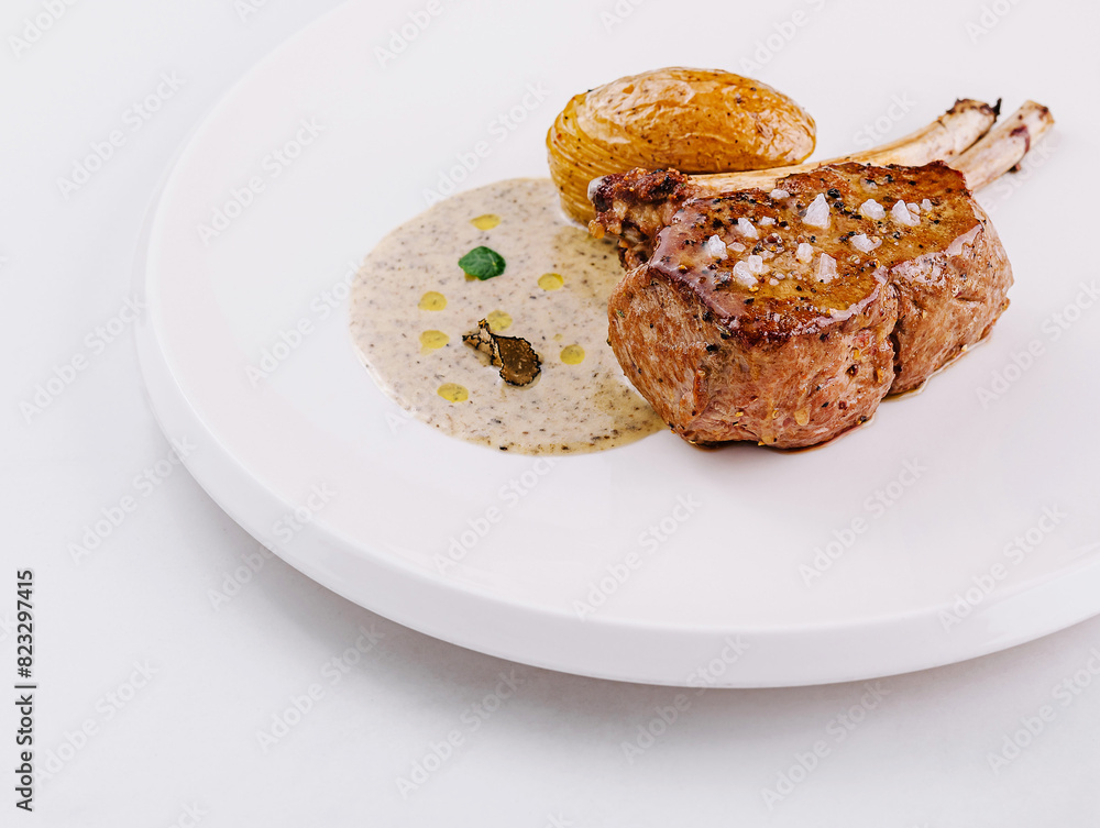 Gourmet lamb chop on elegant white plate Gourmet lamb chop on elegant white plate