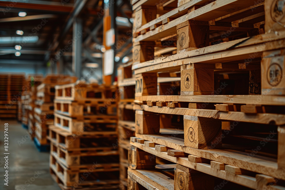 Wooden pallets stored for transport and logistics in warehouse 