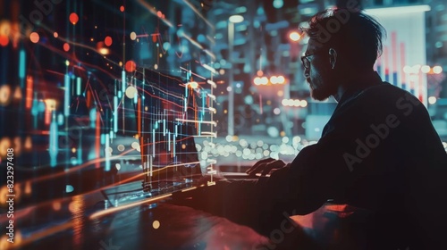 Multi exposure of market chart with man working on computer