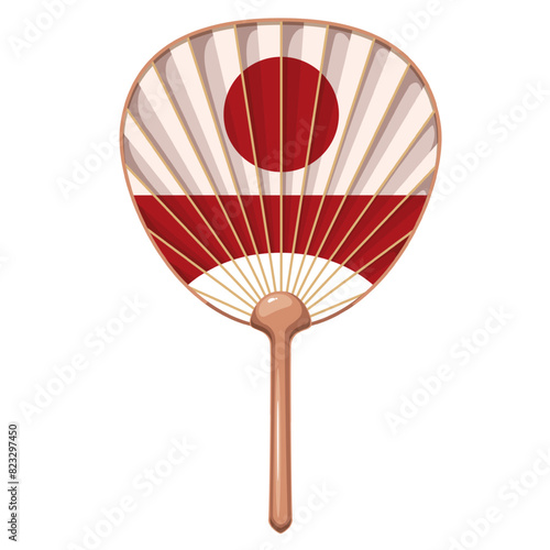 Japanese retro paper fan, cartoon handheld ancient accessory. Retro white fan with red ornament and wooden handle for weaving, tradition of Japan mascot, cartoon classic souvenir vector illustration