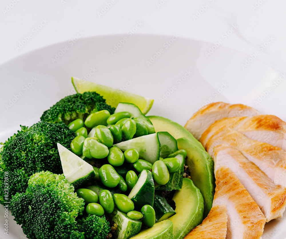 Healthy grilled chicken and green vegetables plate Healthy grilled chicken and green vegetables plate