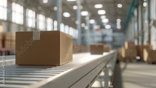 a cardboard box on a conveyor belt in a warehouse © Yuwarin