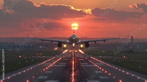 Passenger airplane landing at sunset
