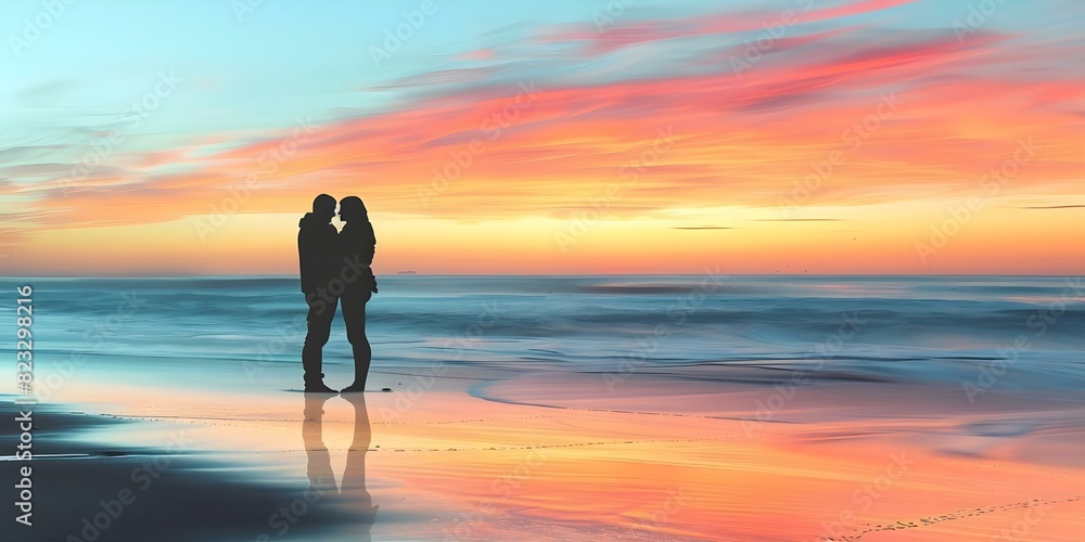 Embracing silhouettes against a vibrant sunset on a sandy beach. Concept Beach Photoshoot, Silhouette Poses, Vibrant Sunset, Romantic Portraits Embracing silhouettes against a vibrant sunset on a sandy beach. Concept Beach Photoshoot, Silhouette Poses, Vibrant Sunset, Romantic Portraits