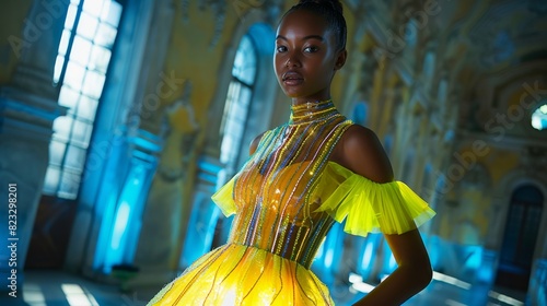 futuristic fashion design, sheer plastic dress with neon accents, an avant-garde and bold fashion statement