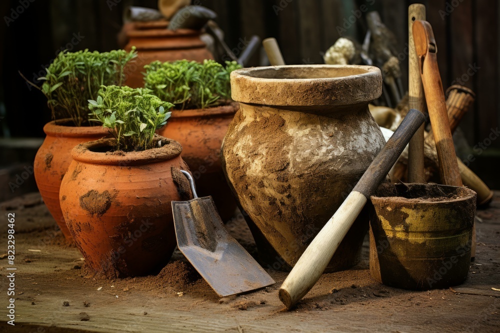 Practical Tools gardening pots. Accessories cleaning and preparing vegetable garden. Generate AI