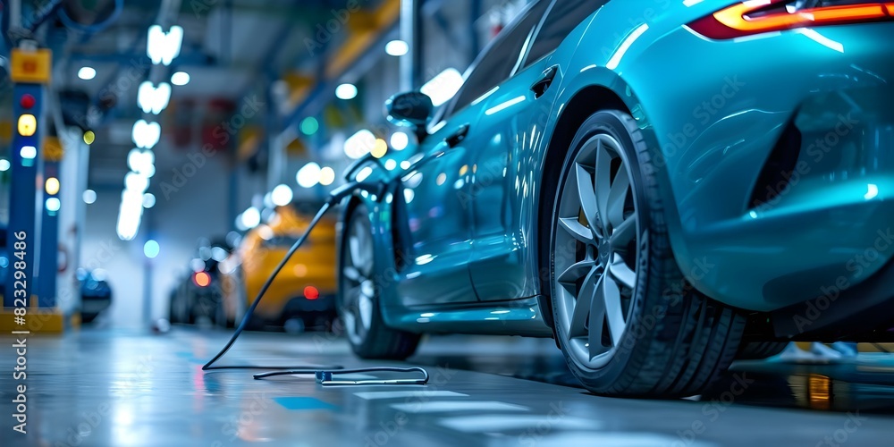 Charging electric cars at a hybrid service garage for vehicle maintenance. Concept Electric Cars, Hybrid Service Garage, Vehicle Maintenance, Charging Stations, Sustainable Transportation