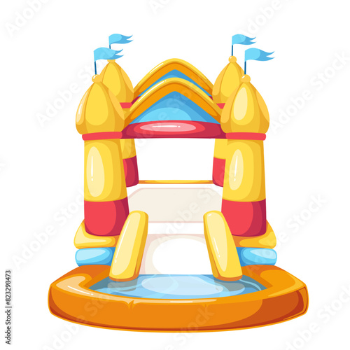 Water slide of amusement park with cartoon castle shape. Inflatable towers with flags and trampoline for children to play, waterpark mascot, front view of cartoon aqua slide vector illustration
