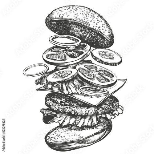 big burger, hamburger hand drawn vector illustration sketch retro style