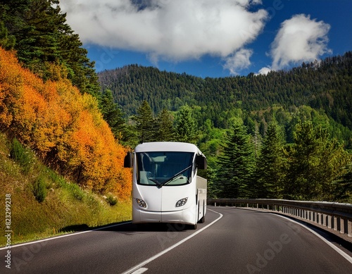 White travel bus on a beautiful highway
