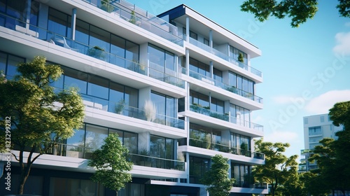 A photo of a modern condominium building exterior. photo