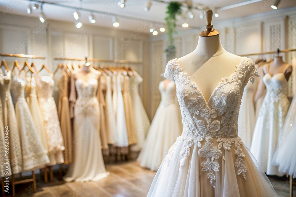 Rental and purchase of wedding dresses for events. Close-up. Elegant white wedding dress on a mannequin in a luxury bridal salon store. Rental and purchase of wedding dresses for events. Close-up. Elegant white wedding dress on a mannequin in a luxury bridal salon store.