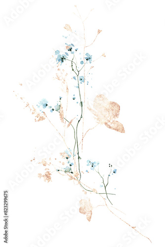 Watercolor painted floral bouquet. Arrangement with blue little flowers  golden branches and leaves graphic elements.