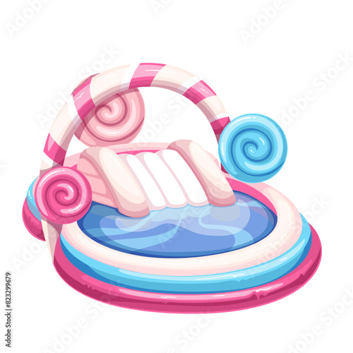 Inflatable water slide with cartoon lollipop decoration. Circles of spiral candy, trampoline for children and round pool to swim, summer waterpark mascot, cartoon bouncy equipment vector illustration