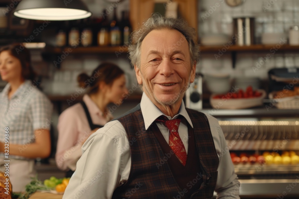 Portrait of a smiling senior man in apron standing at the counter in a supermarket. Portrait of a smiling senior man in apron standing at the counter in a supermarket.