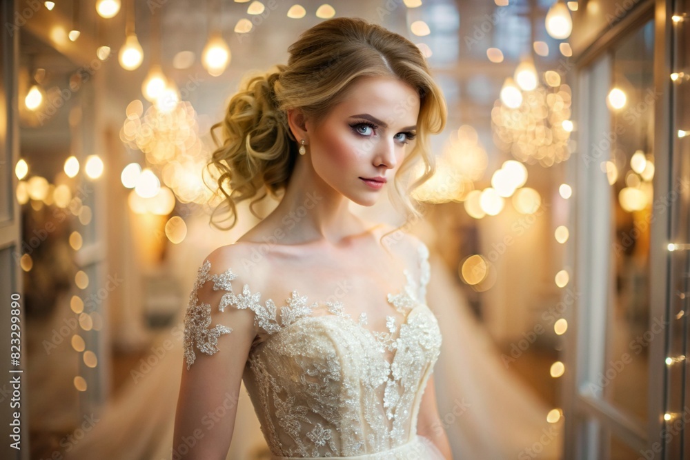 Naklejka premium Rental and purchase of wedding dresses for events. Close-up. A beautiful girl, nevesna, tries on an elegant white wedding dress in a luxury bridal salon store.