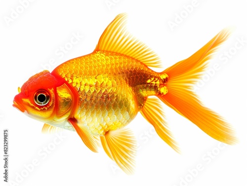 A single goldfish swimming against a white background
