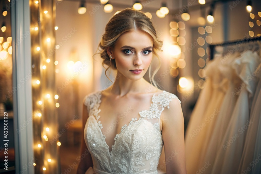 Naklejka premium Rental and purchase of wedding dresses for events. Close-up. A beautiful girl, nevesna, tries on an elegant white wedding dress in a luxury bridal salon store.