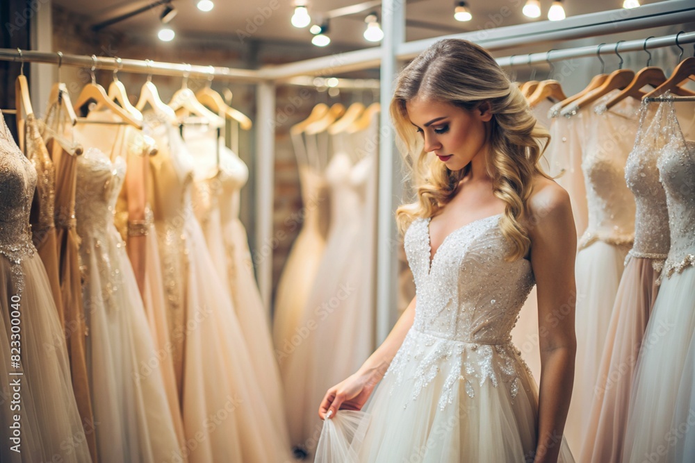 Naklejka premium Rental and purchase of wedding dresses for events. Close-up. A beautiful girl, nevesna, tries on an elegant white wedding dress in a luxury bridal salon store.