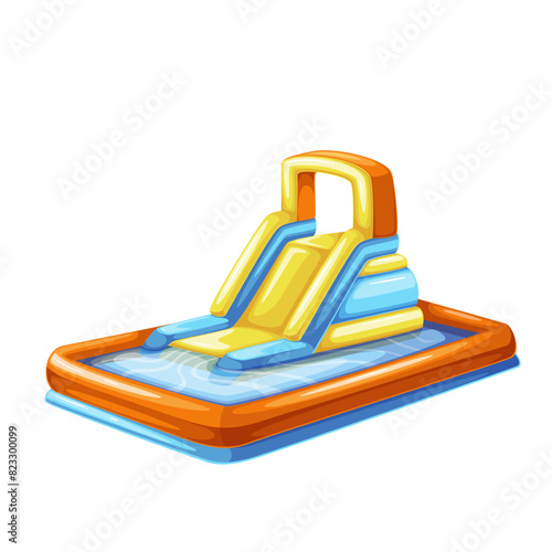 Inflatable bouncy slide with cartoon rectangular swimming pool. Waterslide trampoline and chute from balloon pipes, amusement park and playground mascot, cartoon inflated slide vector illustration