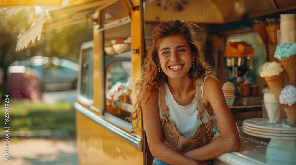Cheerful Young Woman Selling Ice Cream from a Vibrant Street Food Truck. Generative ai Cheerful Young Woman Selling Ice Cream from a Vibrant Street Food Truck. Generative ai