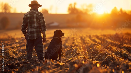 A farmer working in the fields with his loyal dog by his side, depicting the rustic and hardworking life with pets