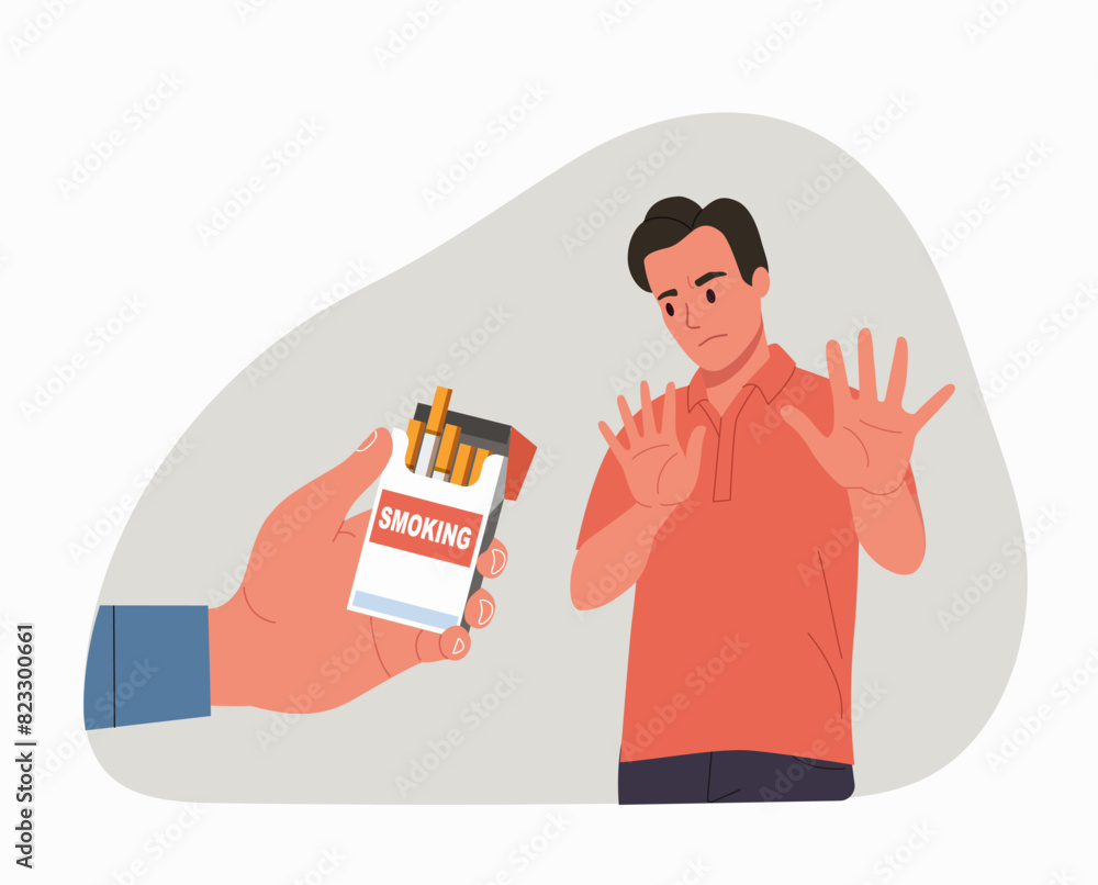 Young man showing a negative gesture and stop to the smoking. Cigarette pack on hand. Vector cartoon flat style illustration Young man showing a negative gesture and stop to the smoking. Cigarette pack on hand. Vector cartoon flat style illustration