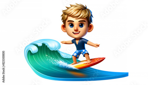 3D Caricature: Cheerful Boy Surfing a Wave on a Surfboard 