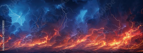 Lightning storm illuminating the night sky with jagged bolts of electricity casting an eerie glow over the landscape and showcasing the awe-inspiring power and energy of the elemental forces at play. photo