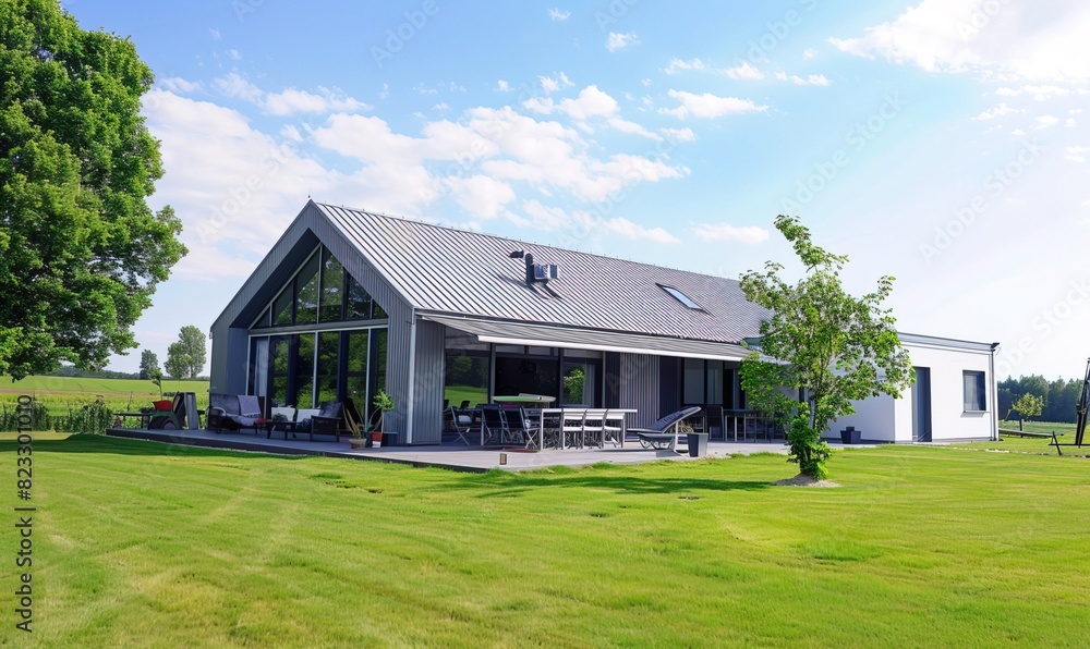 Modern barn house in summer countryside, perfect sunny midday Modern barn house in summer countryside, perfect sunny midday