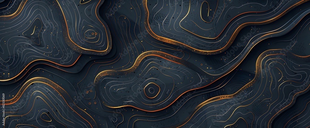 Topographic map pattern background vector illustration with topographical lines, golden outline and dark gray color on a black background
Topographic map pattern background vector illustration with topographical lines, golden outline and dark gray color on a black background