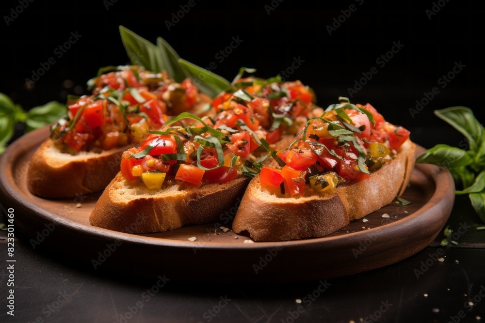 Delicious bruschetta on a plastic tray against a minimalist or empty room background