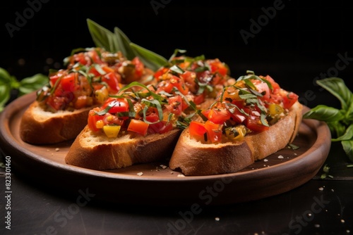 Delicious bruschetta on a plastic tray against a minimalist or empty room background