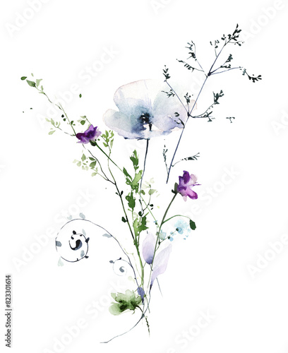 Watercolor painted floral bouquet on white background. Violet, blue wild poppy flowers, green branches, leaves.