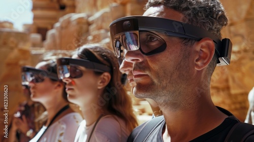 A group of tourists wear smart glasses as they tour an ancient ruin the glasses providing virtual reconstructions of what the site may have looked like in its heyday. photo