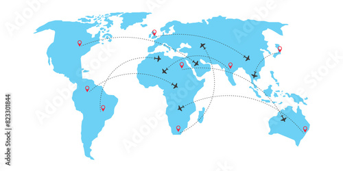 Air plane flight routes with red pin point and dash line trace. Dashed path on world map background. 