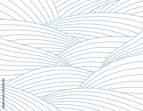 Clouds, waves, curved lines background blue on transparent. Line art style vector illustration. Design element, abstract landscape, backdrop, banner. Mid Autumn Festival, Chinese New Year card, poster