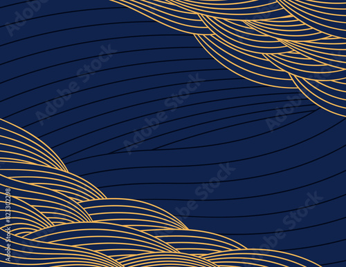 Clouds, waves, curved lines background, frame, border, gold on blue. Vector illustration. Design element, abstract landscape, backdrop, banner. Mid Autumn Festival, Chinese New Year card, poster