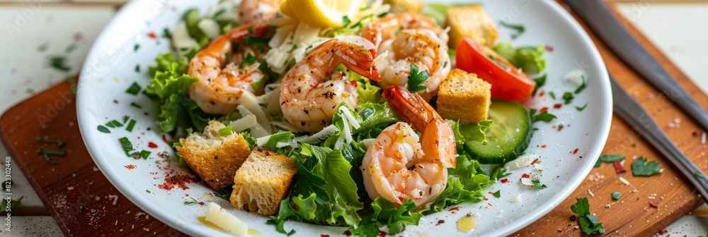 Caesar Salad with Shrimps, Chicken, Croutons, Tomatoes, Cucumbers on White Plate Caesar Salad with Shrimps, Chicken, Croutons, Tomatoes, Cucumbers on White Plate