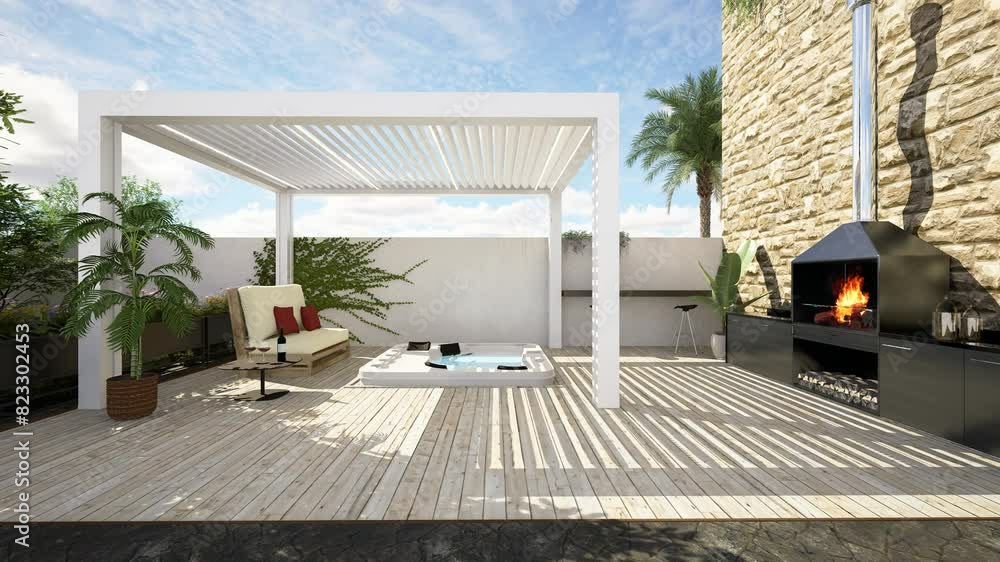 3D illustration of modern urban patio with white bioclimatic pergola ...
