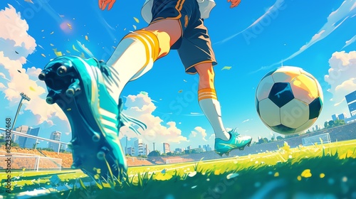 Soccer Player Kicking Ball on Sunny Day. Amazing anime illustration